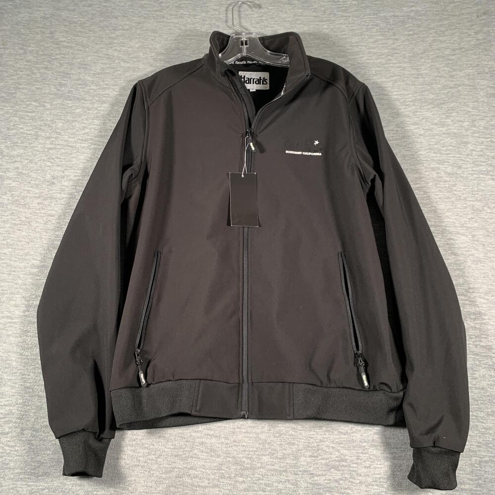Harrah's Jacket Mens Medium Black Softshell Bomber Full Zip Pockets Casino